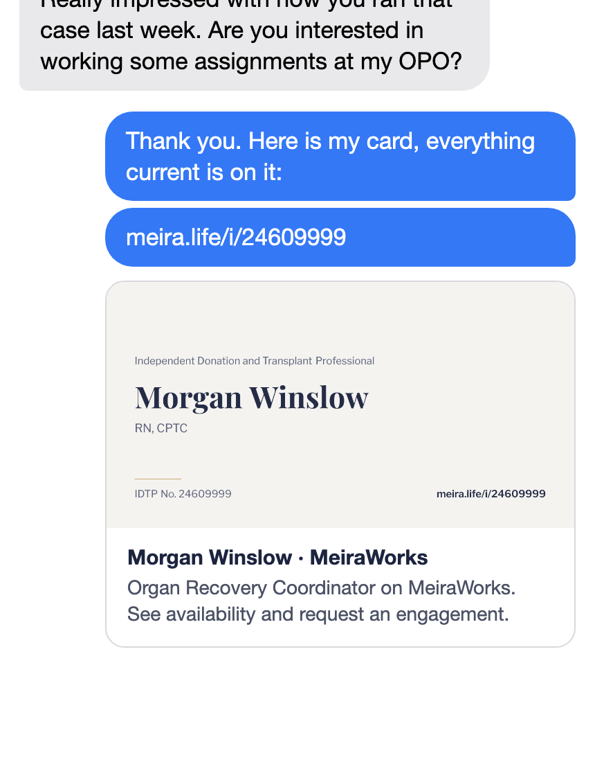 The card arriving in a message thread and unfurling into a preview