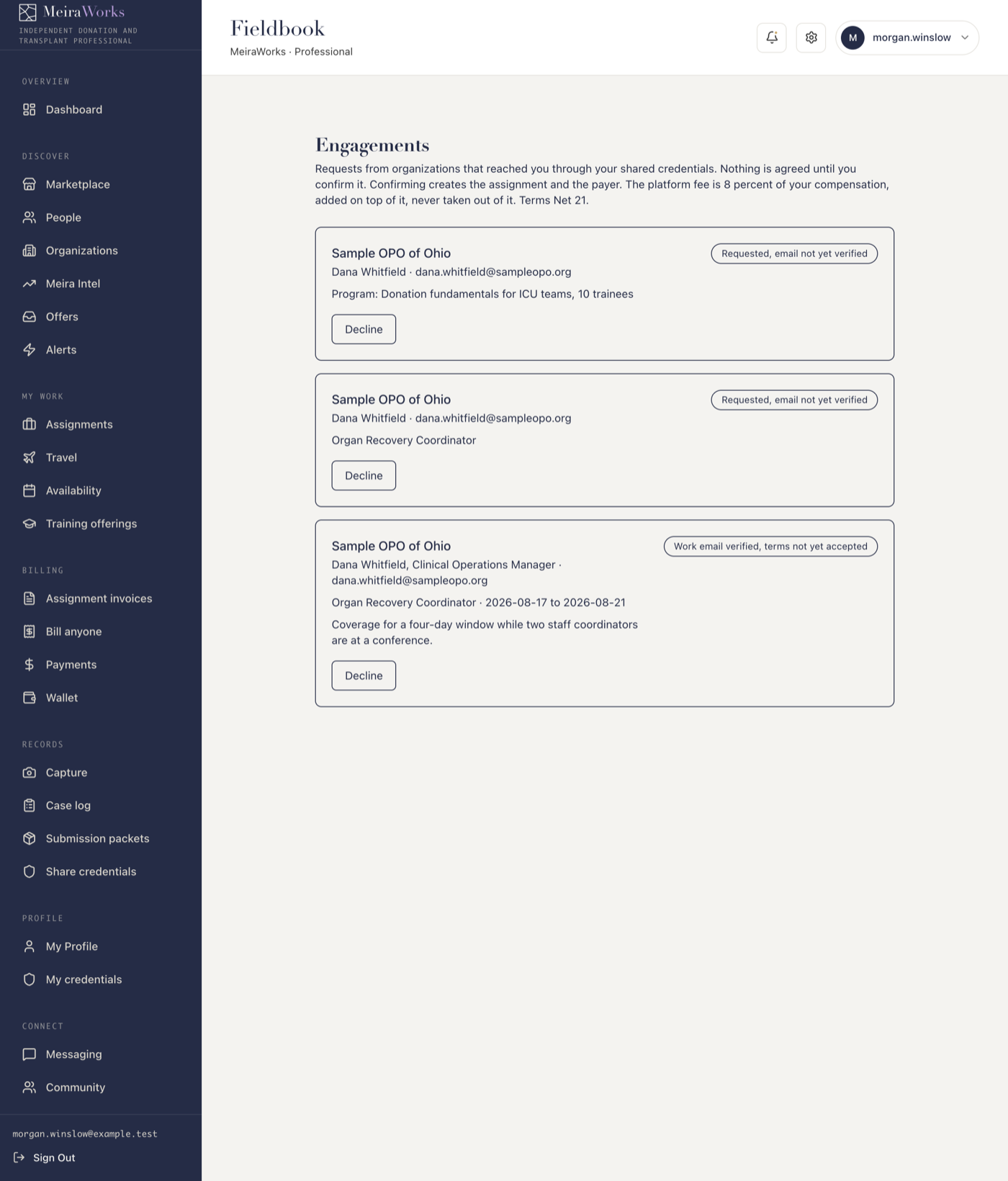 Incoming engagement requests in the member's fieldbook: a program request, a role request, and a verified request with dates