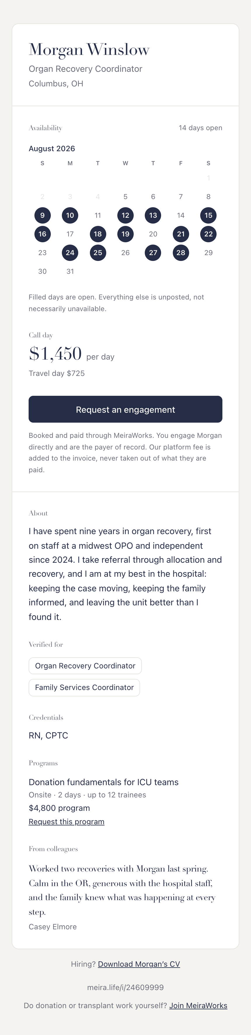 The full profile as a viewer sees it: availability, rate, verified roles, credentials, programs, and a colleague note